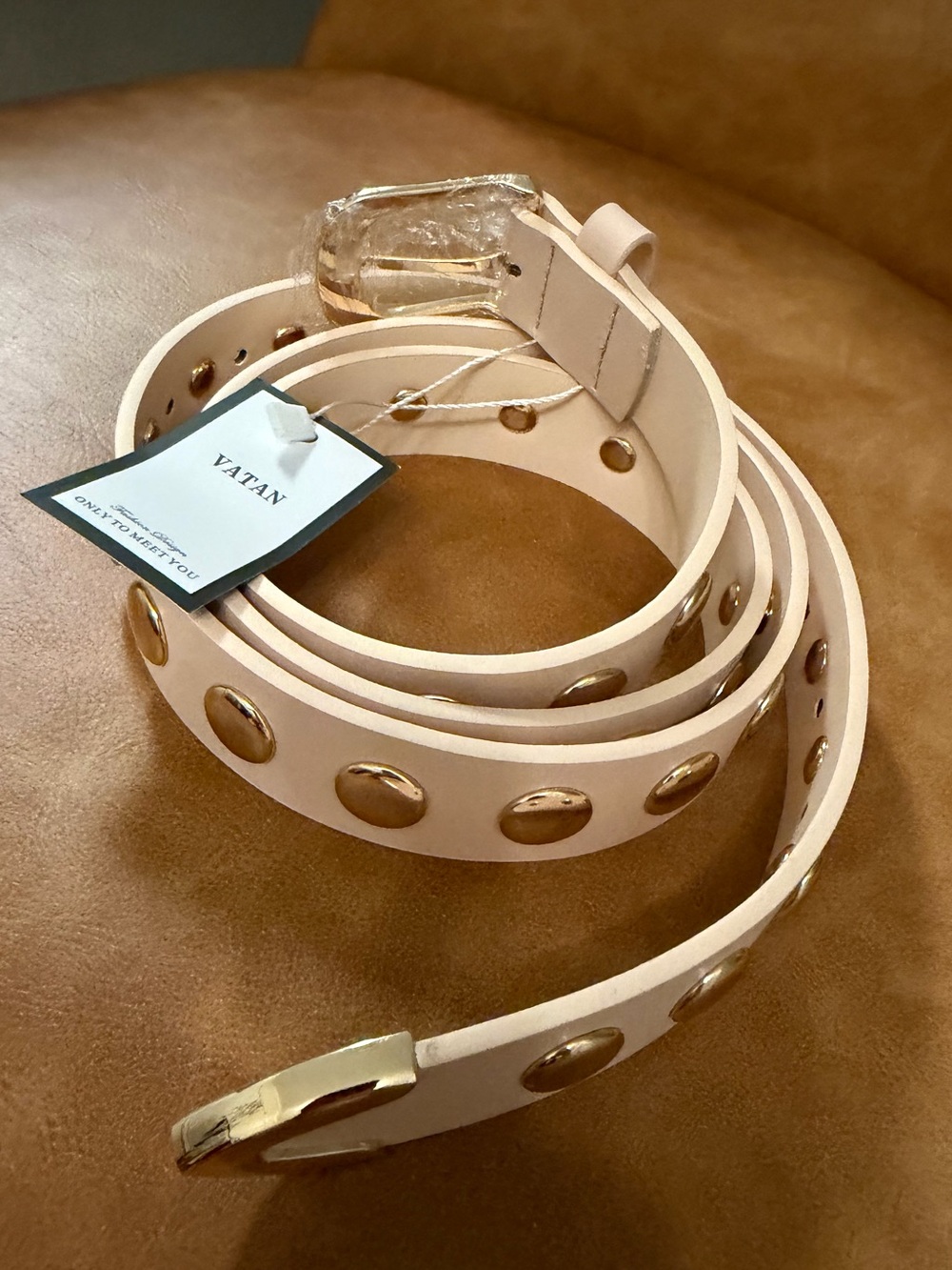 🤎VATAN Eco Friendly Nude Studded Belt w/ Gold Hardware. Measurements in photos - Picture 9 of 14